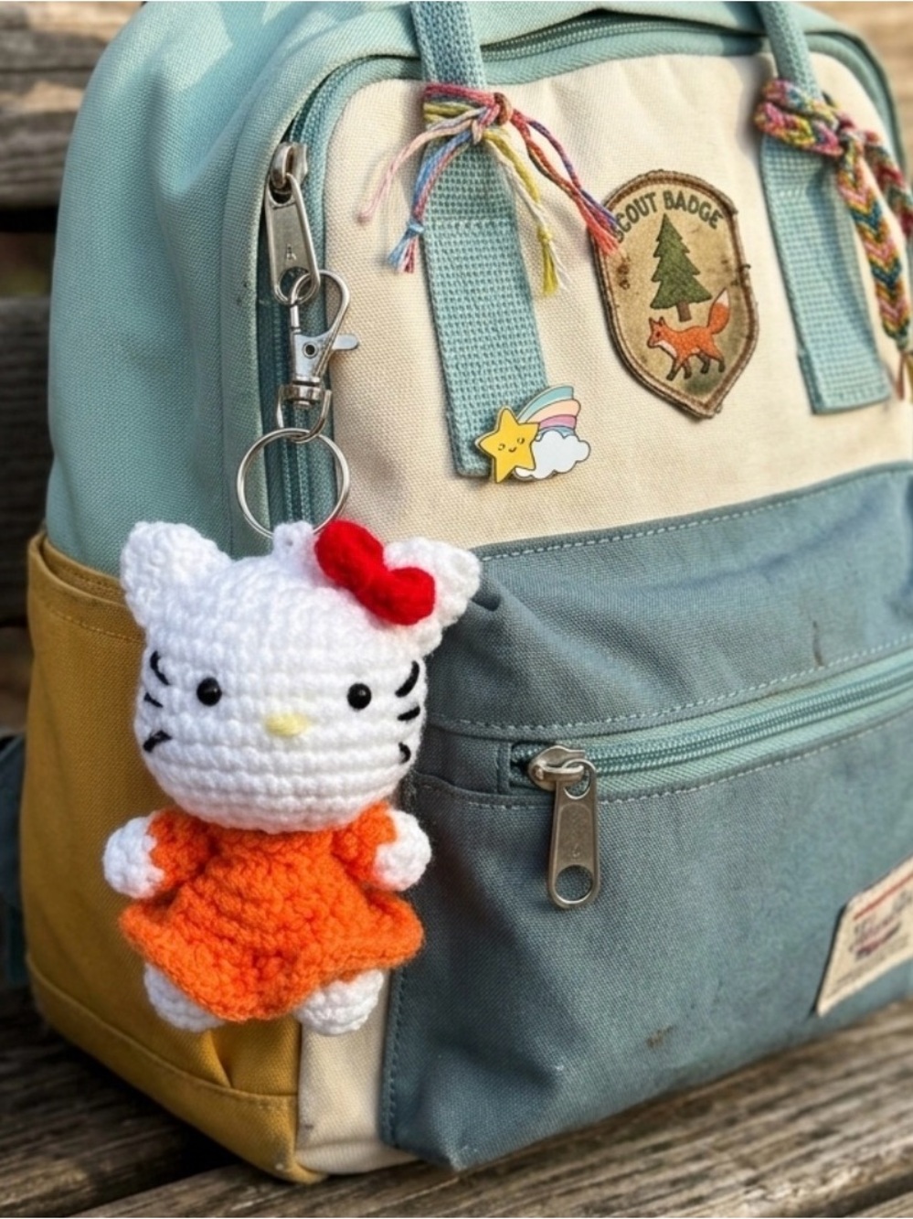 Adorable Hello Kitty 🧡 Crochet Keychain - White with Orange Dress & Red Bow